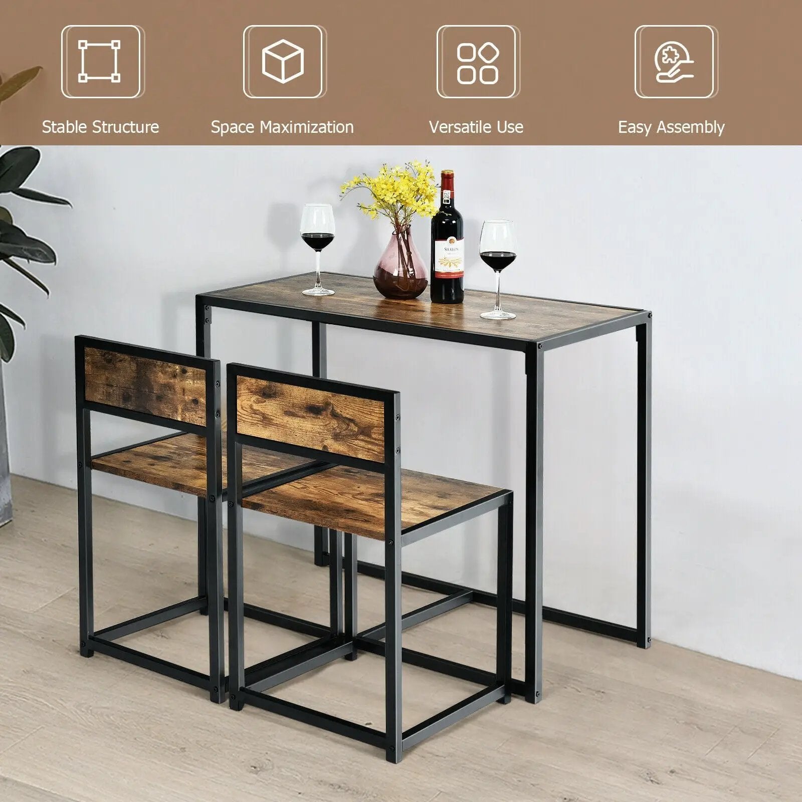 3 Pcs Dining Set Compact Table and 2 Chair with Metal Frame for for Small Space by DirectDeals