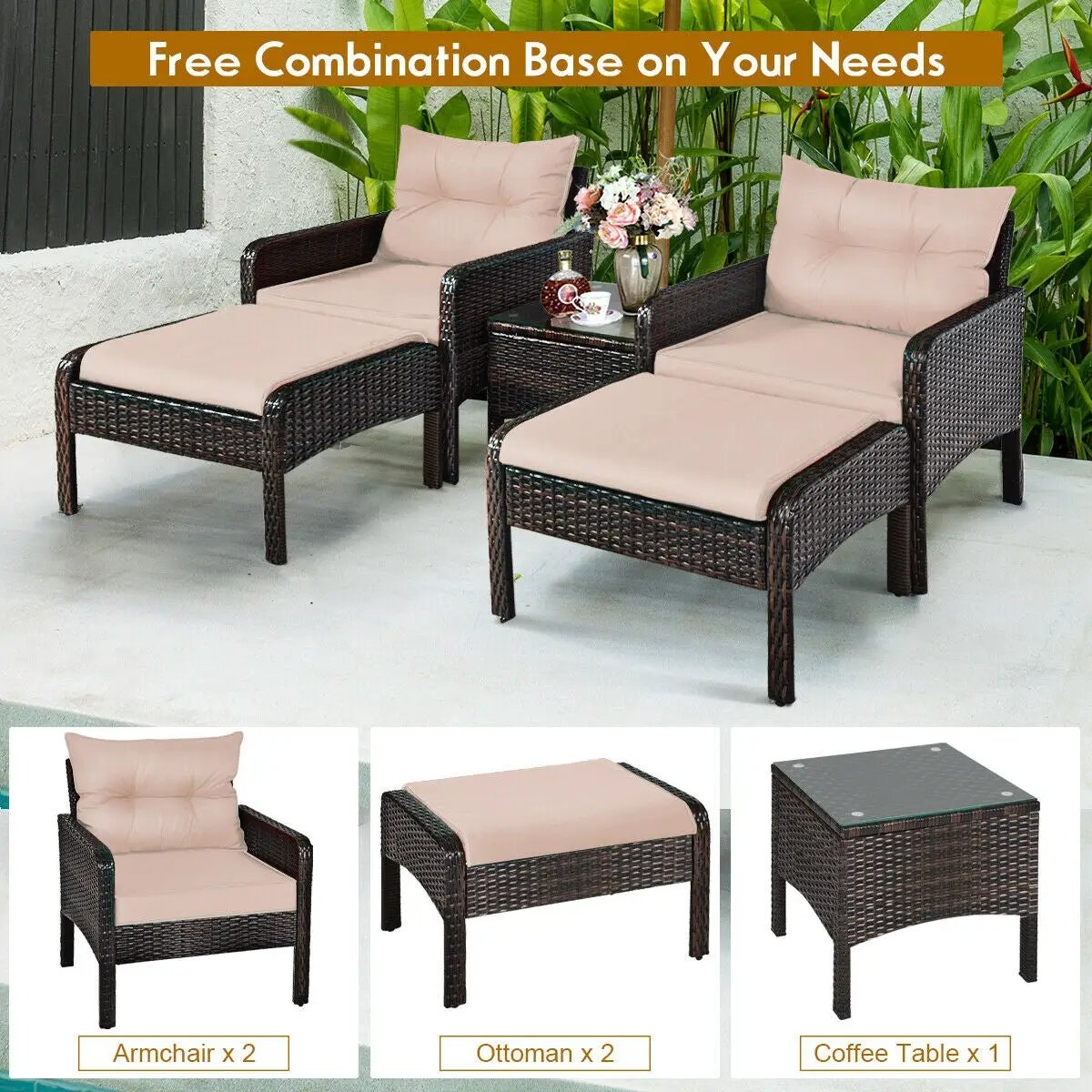 5 Pieces Patio Rattan Sofa Ottoman Furniture Set with Cushions-Black by DirectDeals