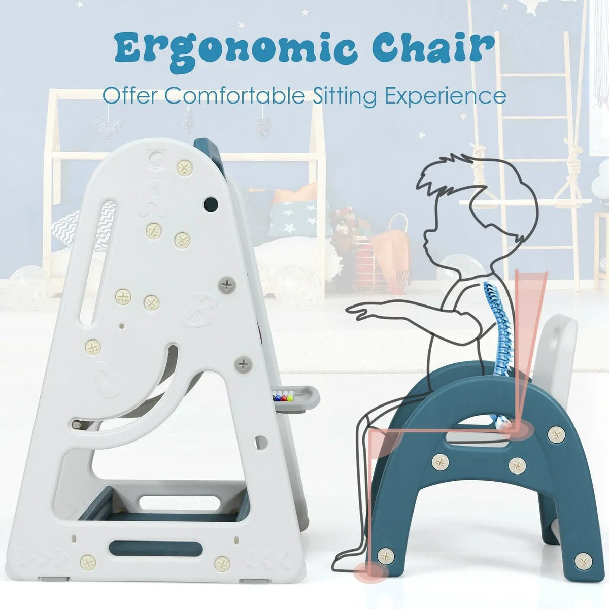 2-in-1 Kids Easel Desk Chair Set Book Rack Adjustable Art Painting Board, photo 8 of 9