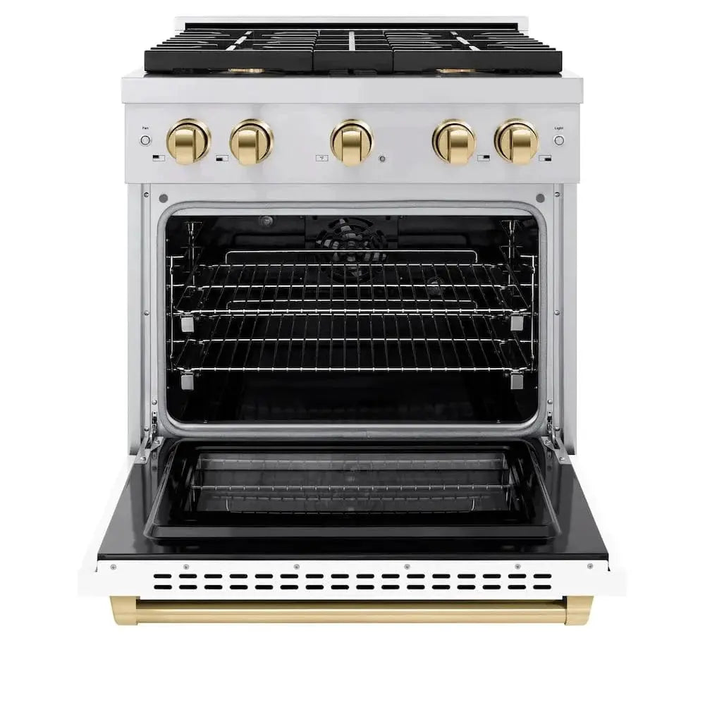 ZLINE 30"Paramount Dual Fuel Range White Matte Gold SDRZ-WM-30-G by Farmhouse Kitchen and Bath