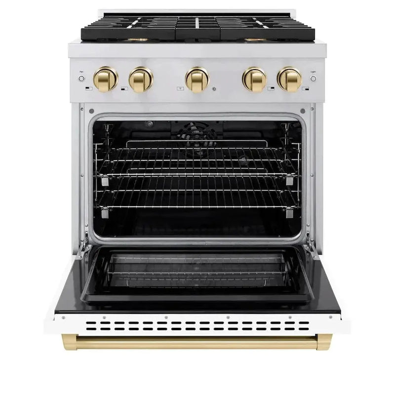 ZLINE 30"Paramount Dual Fuel Range White Matte Gold SDRZ-WM-30-G by Farmhouse Kitchen and Bath