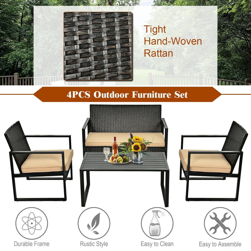 4 Pieces Patio Rattan Furniture Set with Seat Cushions and Coffee Table by DirectDeals