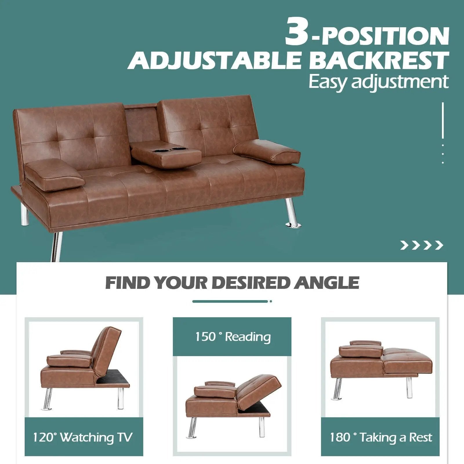 Convertible Folding Leather Futon Sofa with Cup Holders and Armrests by DirectDeals