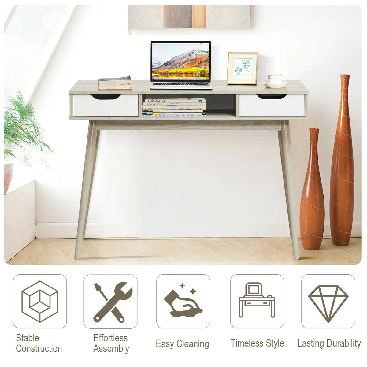 Stylish Computer Desk Workstation with 2 Drawers and Solid Wood Legs, photo 16 of 16