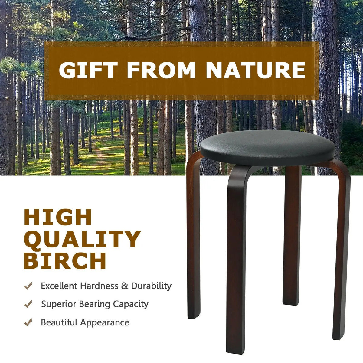 Set of 4 Bentwood Round Stool Stackable Dining Chairs with Padded Seat by DirectDeals