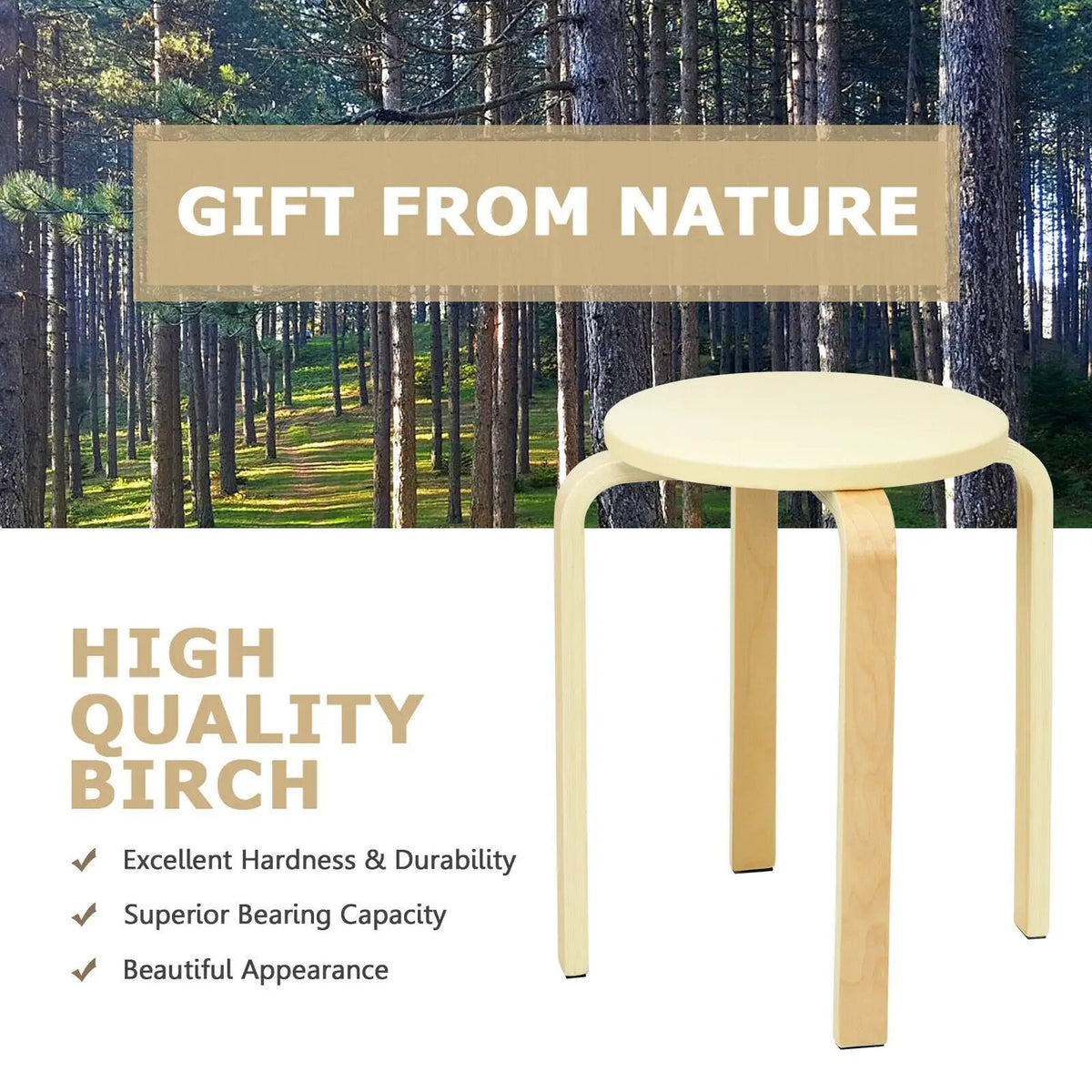 Set of 4 Bentwood Round Stool Stackable Dining Chairs with Padded Seat by DirectDeals