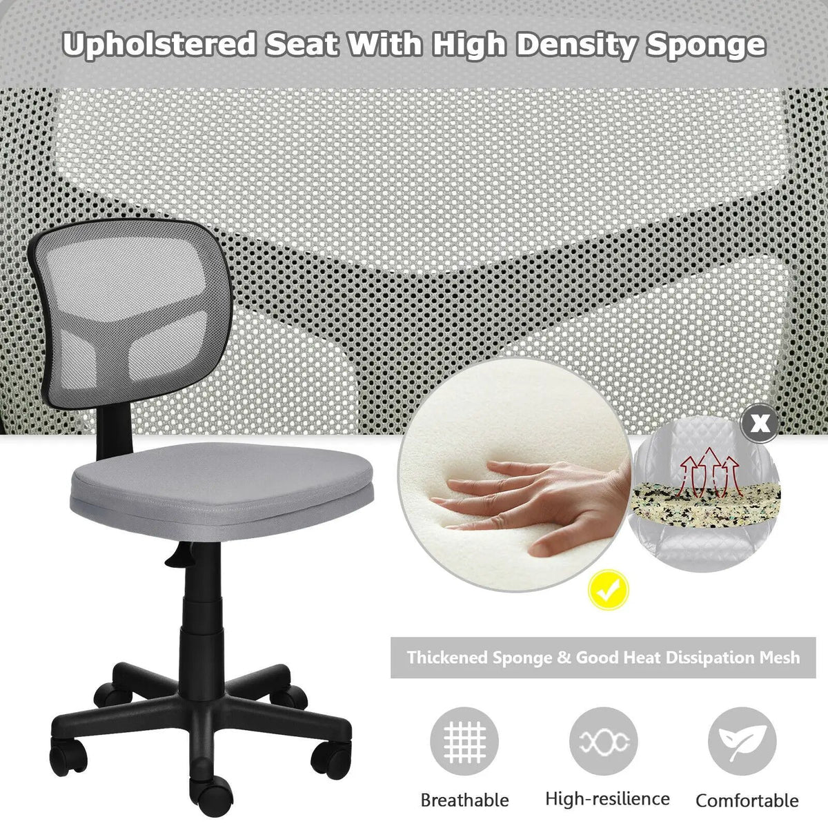 Armless Computer Chair with Height Adjustment and Breathable Mesh for Home Office, photo 31 of 40