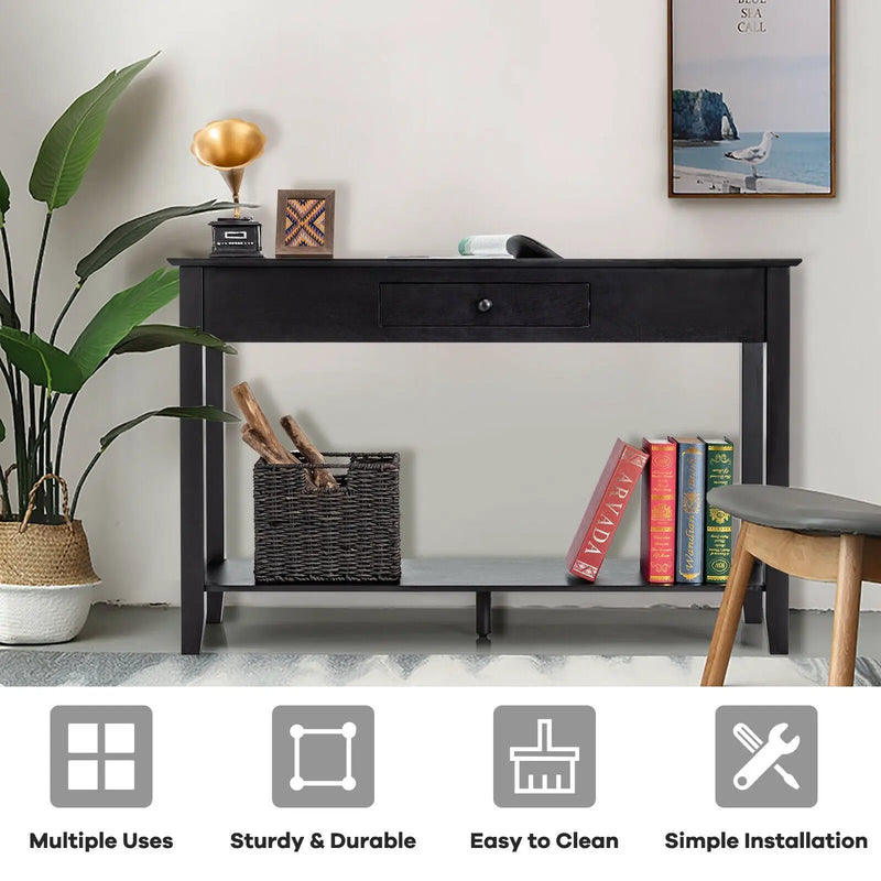 Console Sofa Side Accent Table with Drawer Shelf-Black by DirectDeals