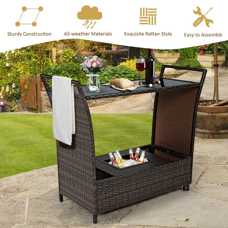Patio Rattan Bar Serving Cart with Glass Top and Handle by DirectDeals