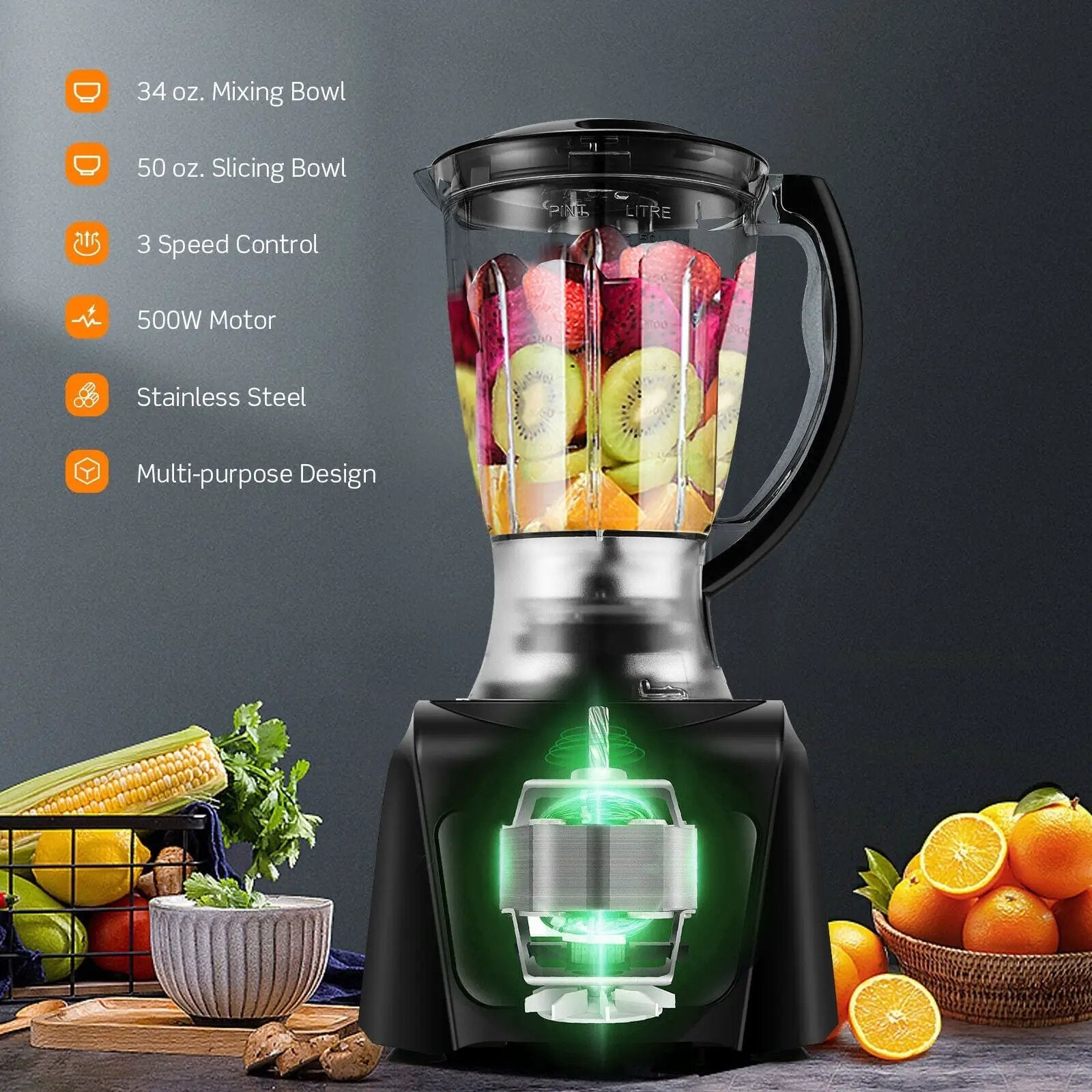 8 Cup Food Processor 500W Variable Speed Blender Chopper with 3 Blades by DirectDeals