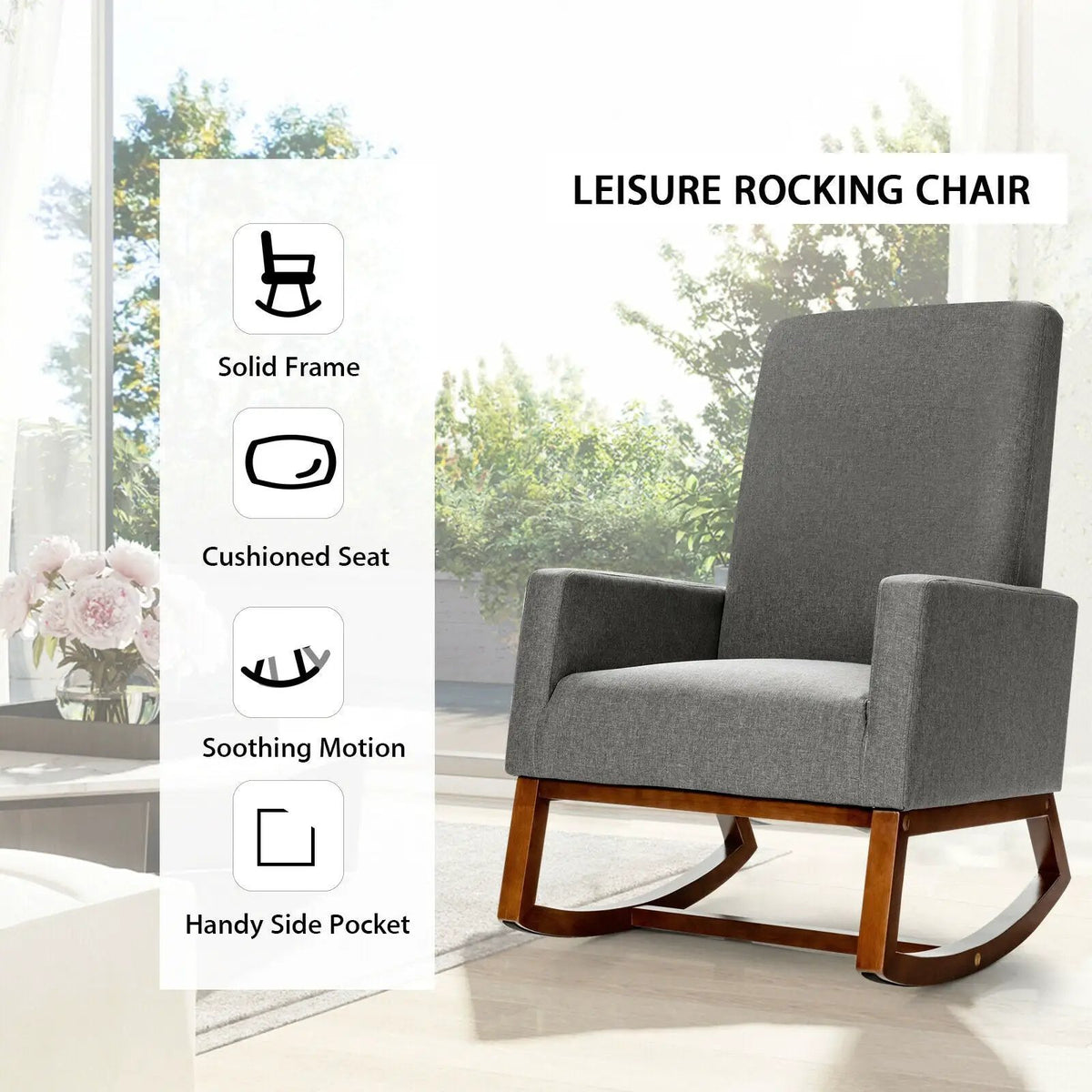 Rocking High Back Upholstered Lounge Armchair with Side Pocket, photo 6 of 9