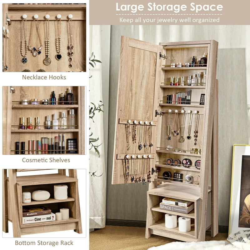 2-in-1 Wooden Cosmetics Storage Cabinet with Full-Length Mirror and Bottom Rack by DirectDeals