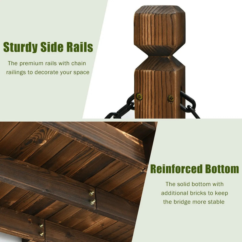 5 Feet Wooden Garden Bridge Arc Footbridge Stained Finish Walkway with Safety Rails by DirectDeals