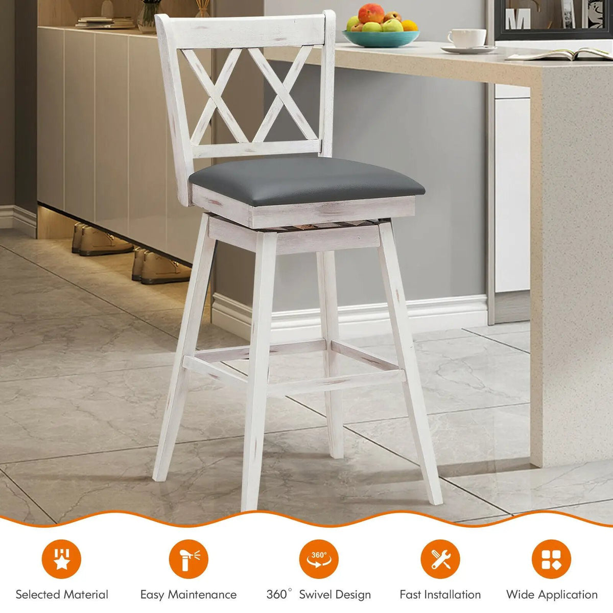 2 Pieces 29 Inches Swivel Counter Height Barstool Set with Rubber Wood Legs, photo 2 of 9