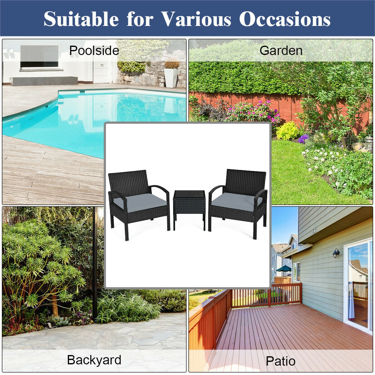 3 Pieces Outdoor Rattan Patio Conversation Set with Seat Cushions, photo 6 of 11