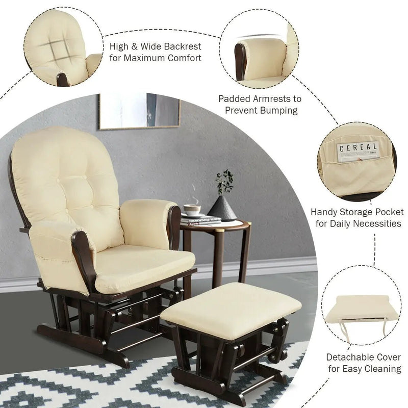 Wood Glider and Ottoman Set with Padded Armrests and Detachable Cushion by DirectDeals