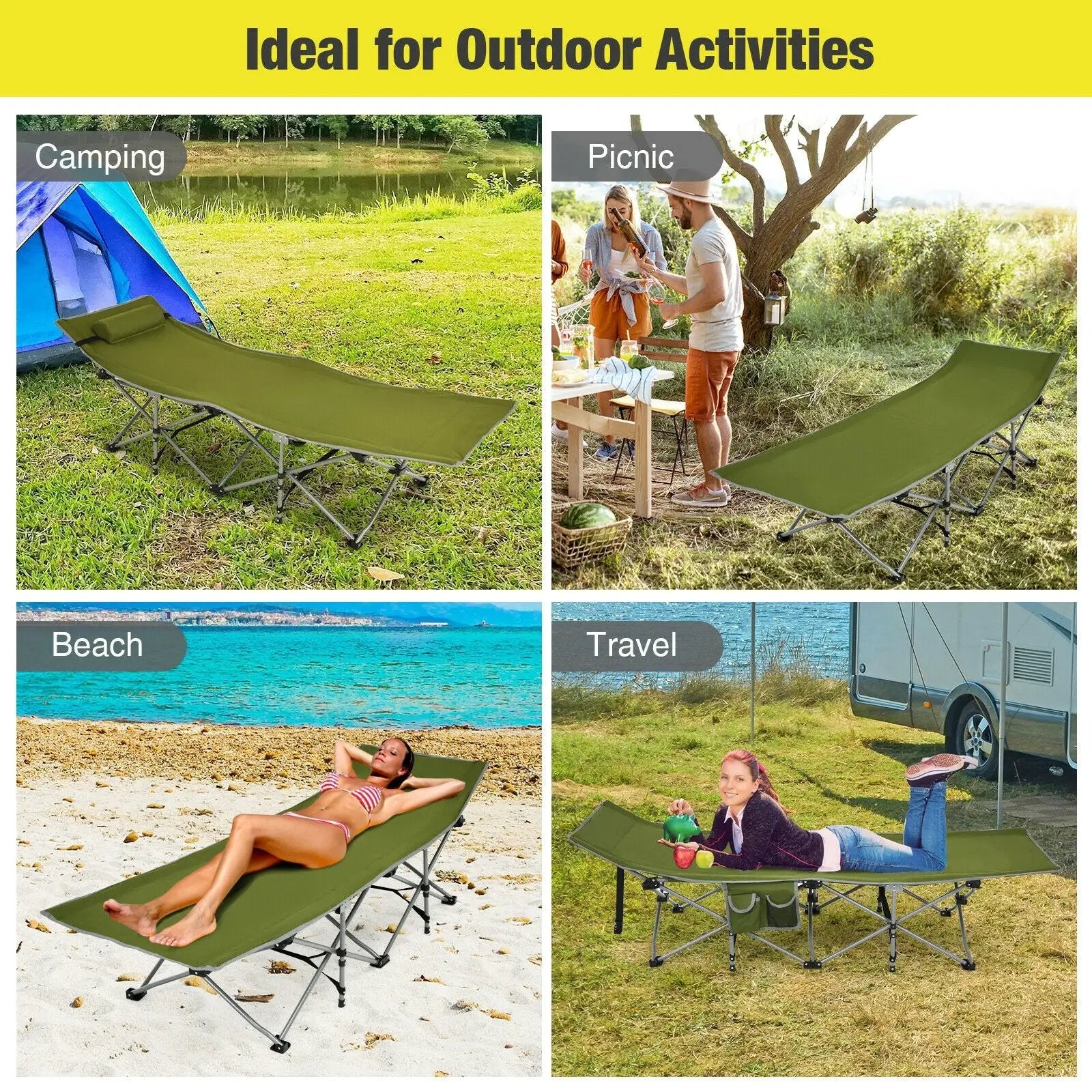 Folding Camping Cot with Side Storage Pocket Detachable Headrest by DirectDeals