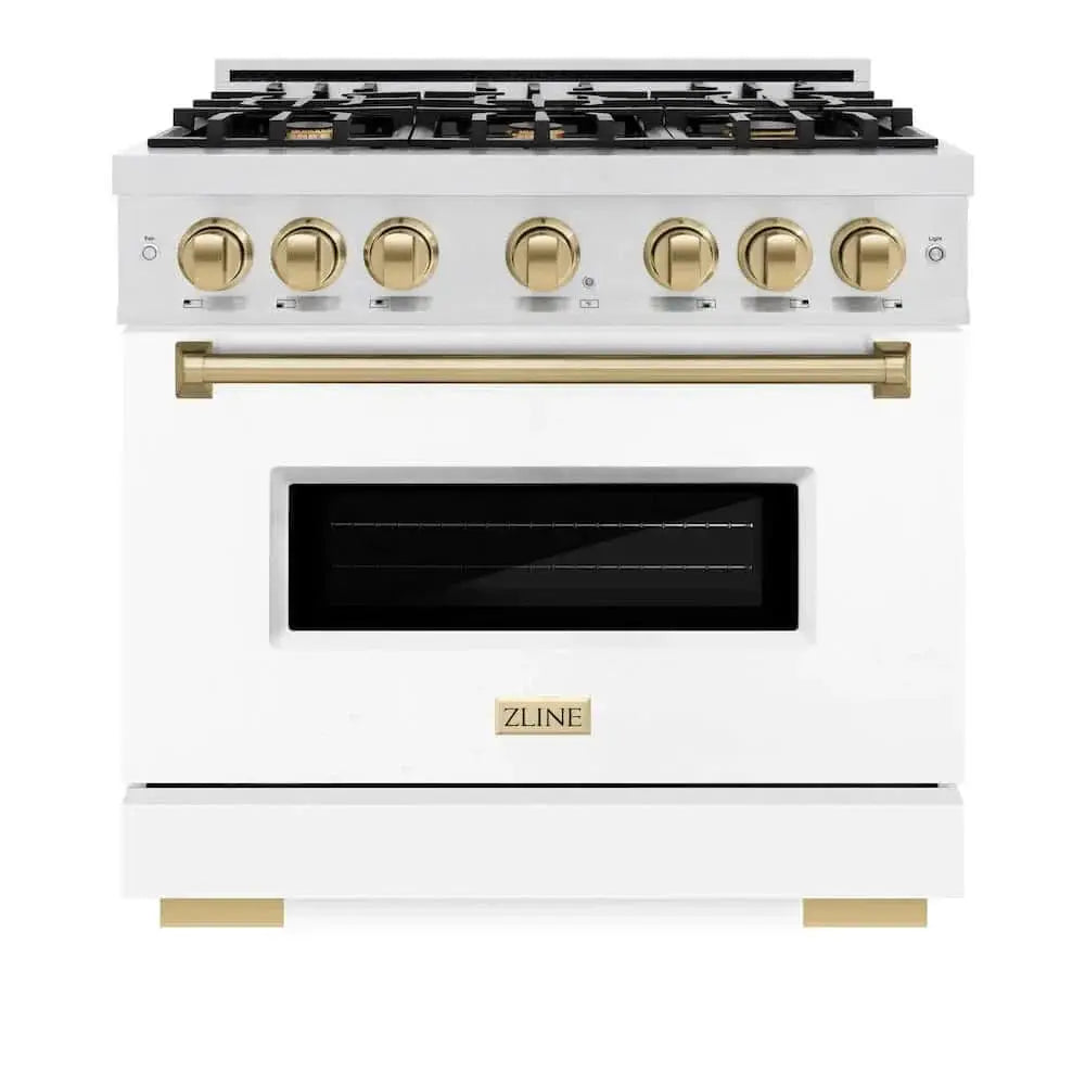 ZLINE 36" Dual Fuel Range, Gas Cooktop, Electric Convection Oven DuraSnow® Stainless Steel, White Matte Door Champagne Bronze CDRSZ-WM-36-CB by Farmhouse Kitchen and Bath