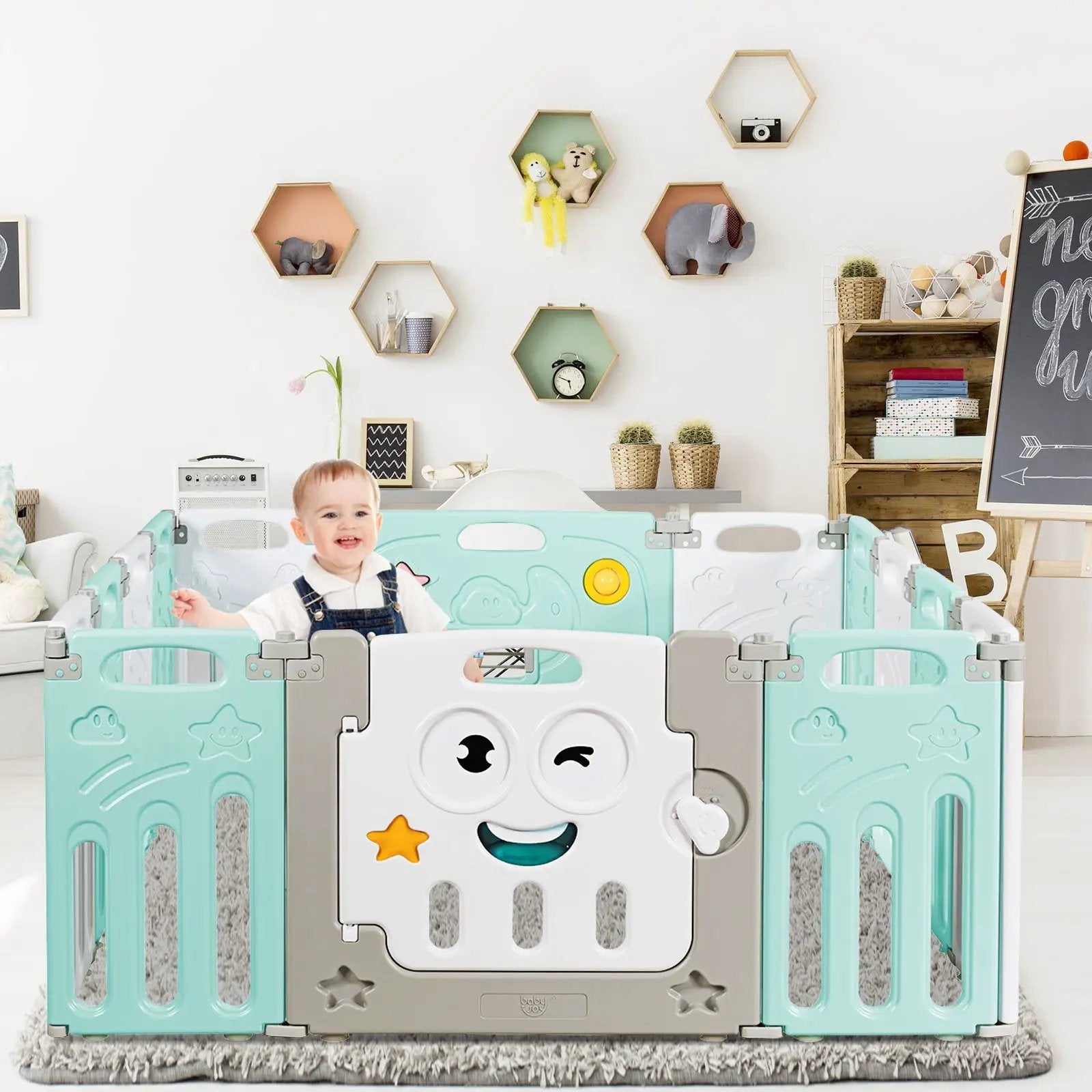 14-Panel Foldable Baby Playpen Kids Activity Centre-Green by DirectDeals