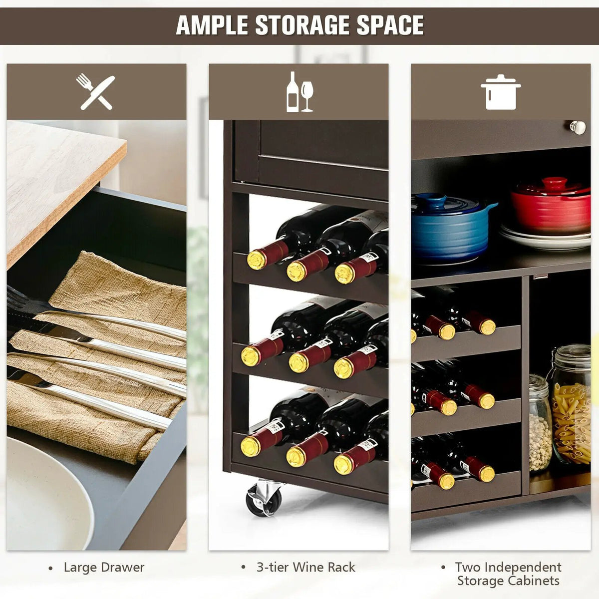 Kitchen Cart with Rubber Wood Top 3 Tier Wine Racks 2 Cabinets, photo 9 of 16