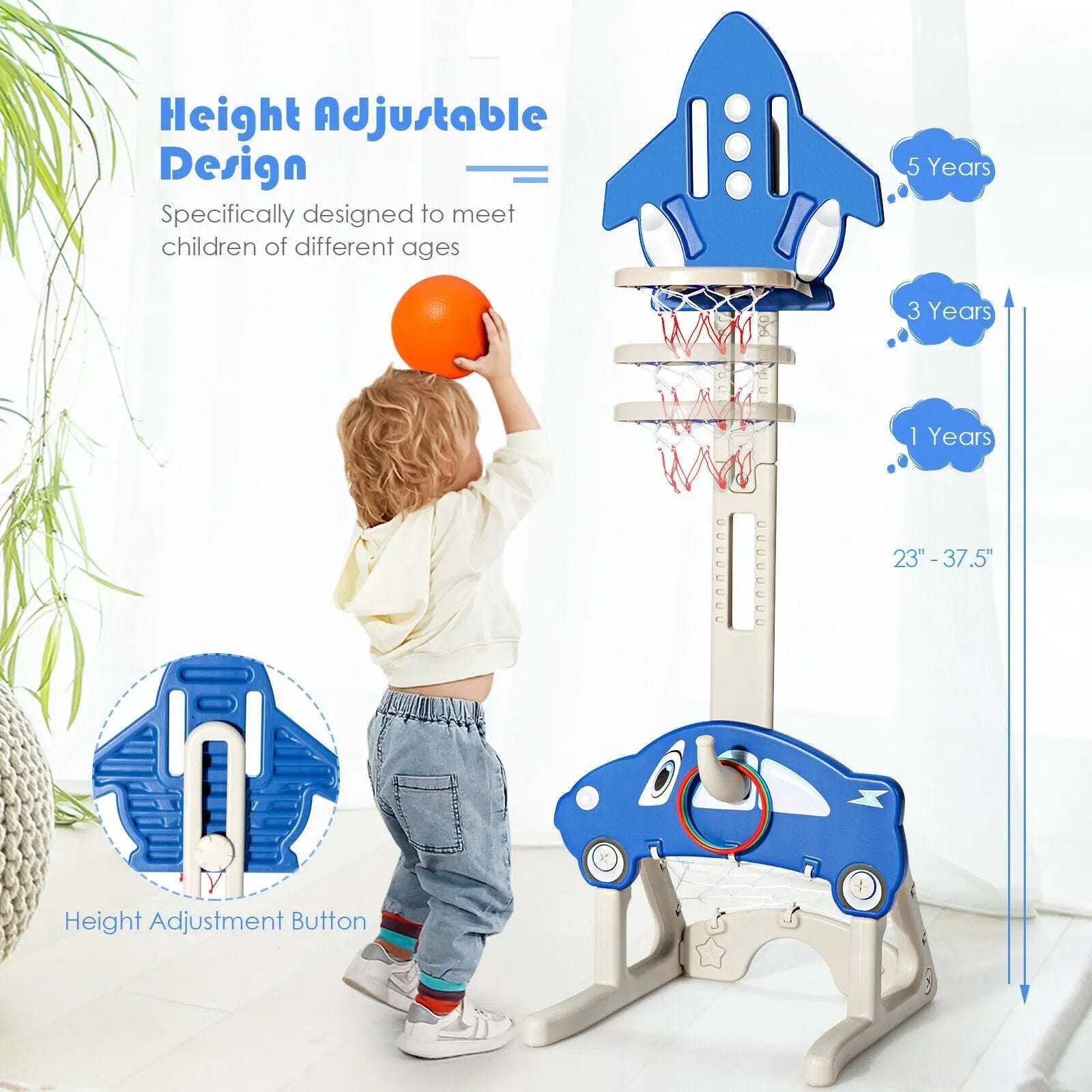3-in-1 Basketball Hoop for Kids with Balls-Blue by DirectDeals