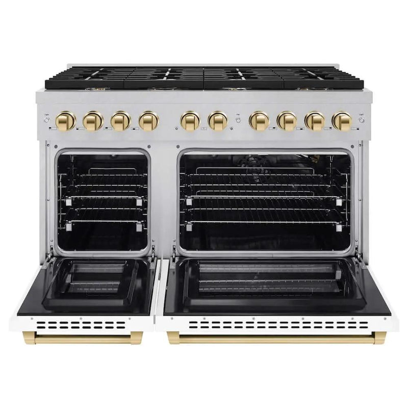 ZLINE 48"Gas Range, Convection Gas Oven, DuraSnow® White Matte, Gold SGRSZ-WM-48-G by Farmhouse Kitchen and Bath