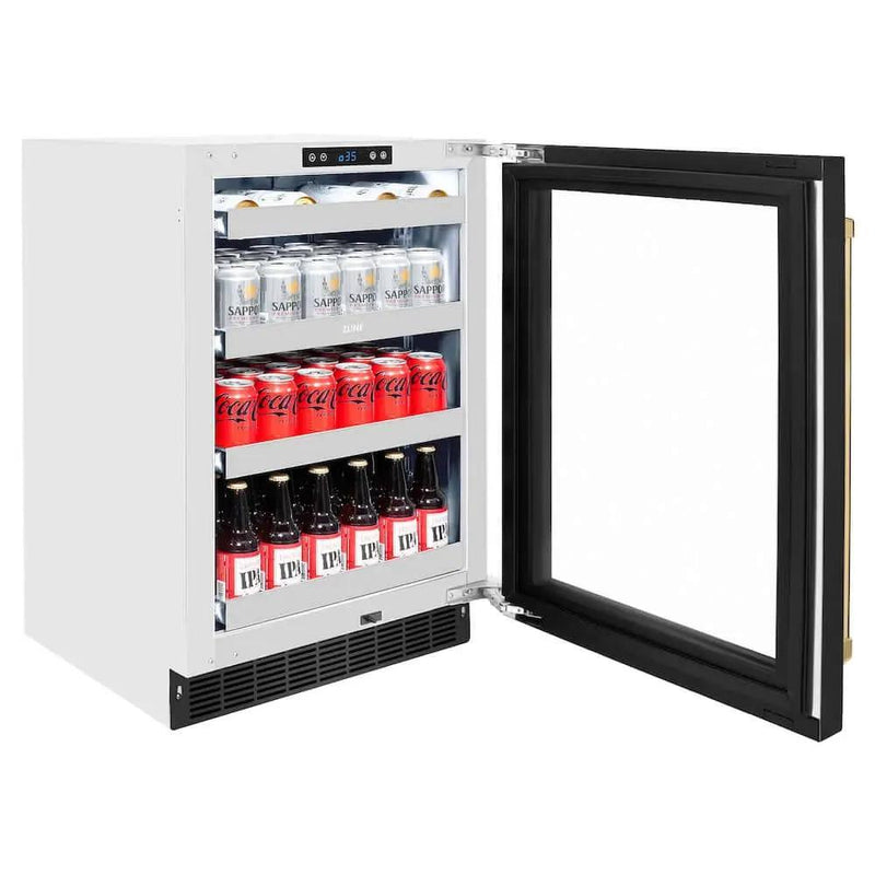 ZLINE 24" Touchstone 151 Can Beverage Fridge Black Stainless Steel Glass Door Gold Handle RBSOZ-BS-24-G by Farmhouse Kitchen and Bath