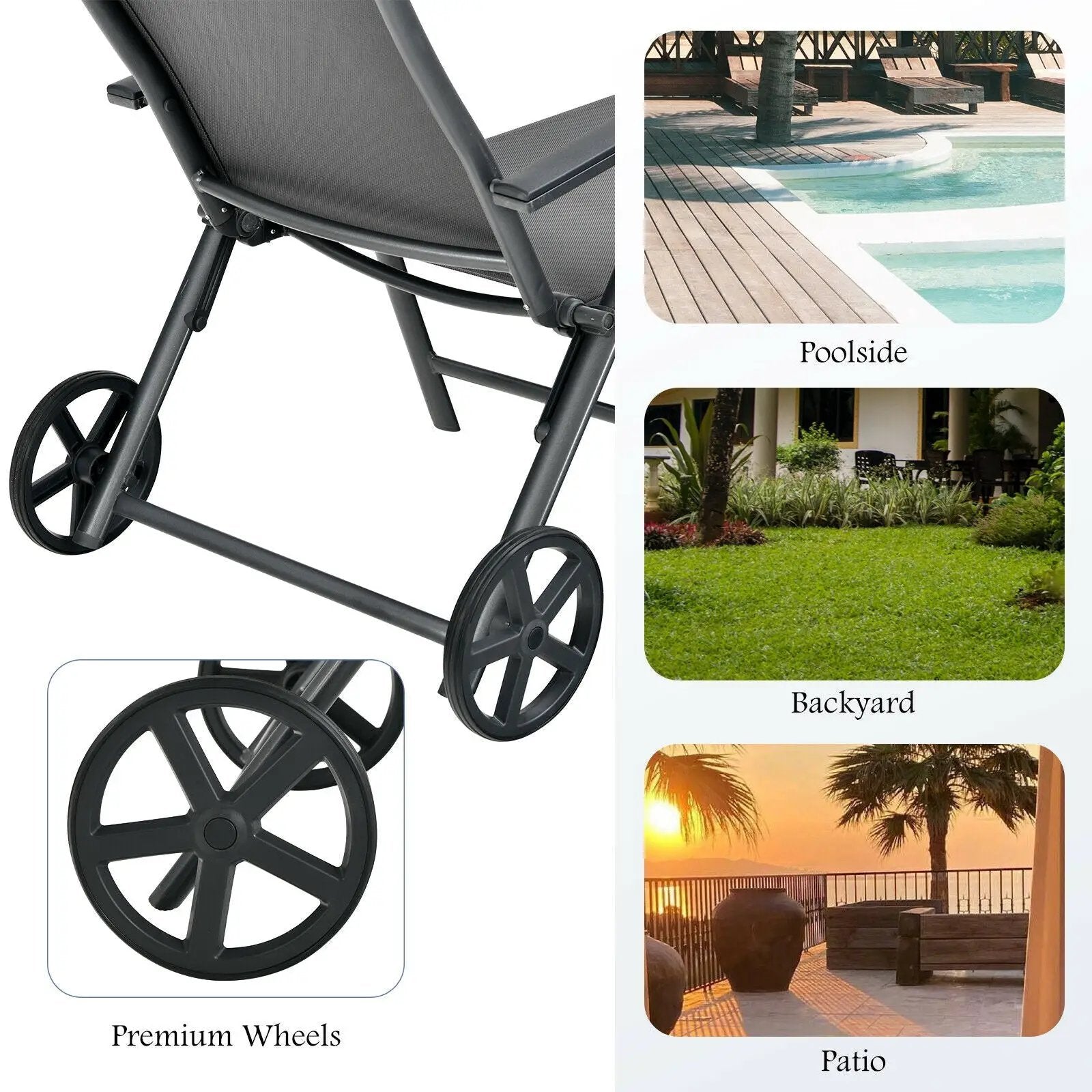 Patio Lounge Chair with Wheels Neck Pillow Aluminum Frame Adjustable-Gray by DirectDeals