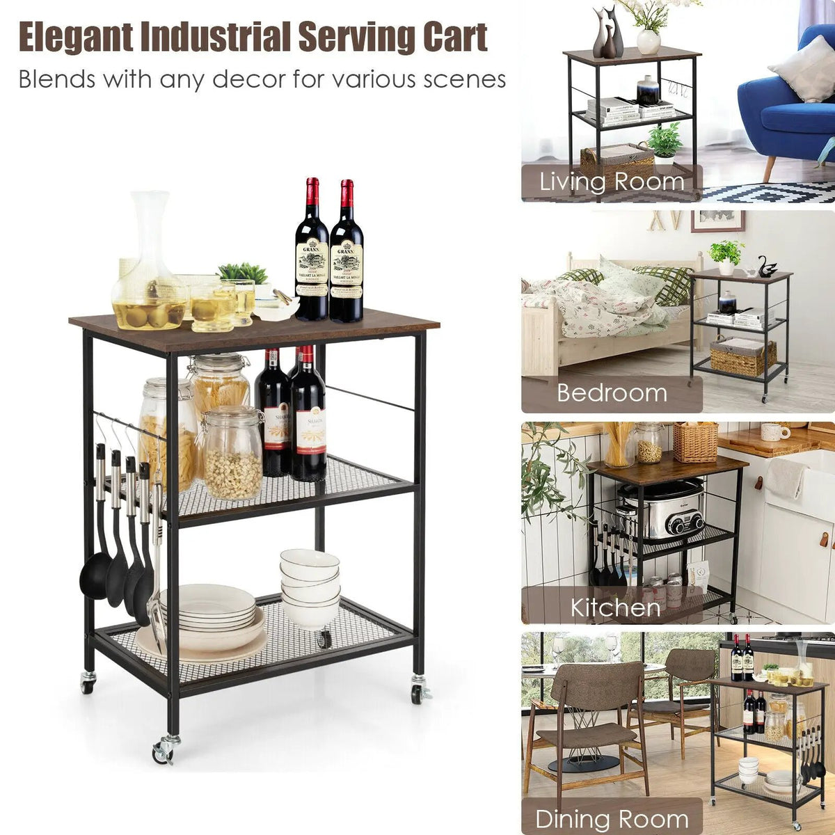 3-Tier Kitchen Serving Cart Utility Standing Microwave Rack with Hooks, photo 2 of 9
