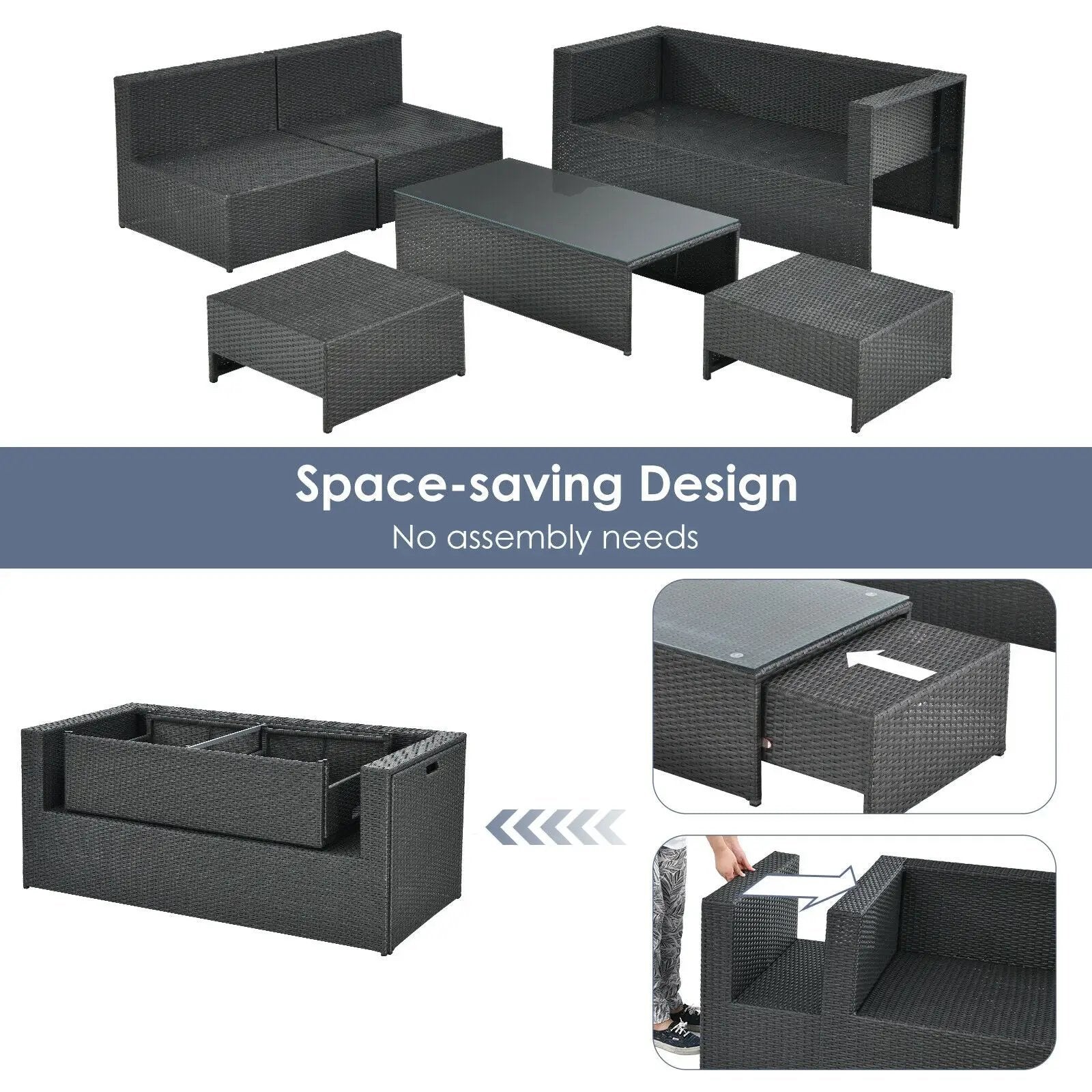 6 Pieces Patio Rattan Furniture Set with Glass Table and Cushioned Seat-Gray by DirectDeals