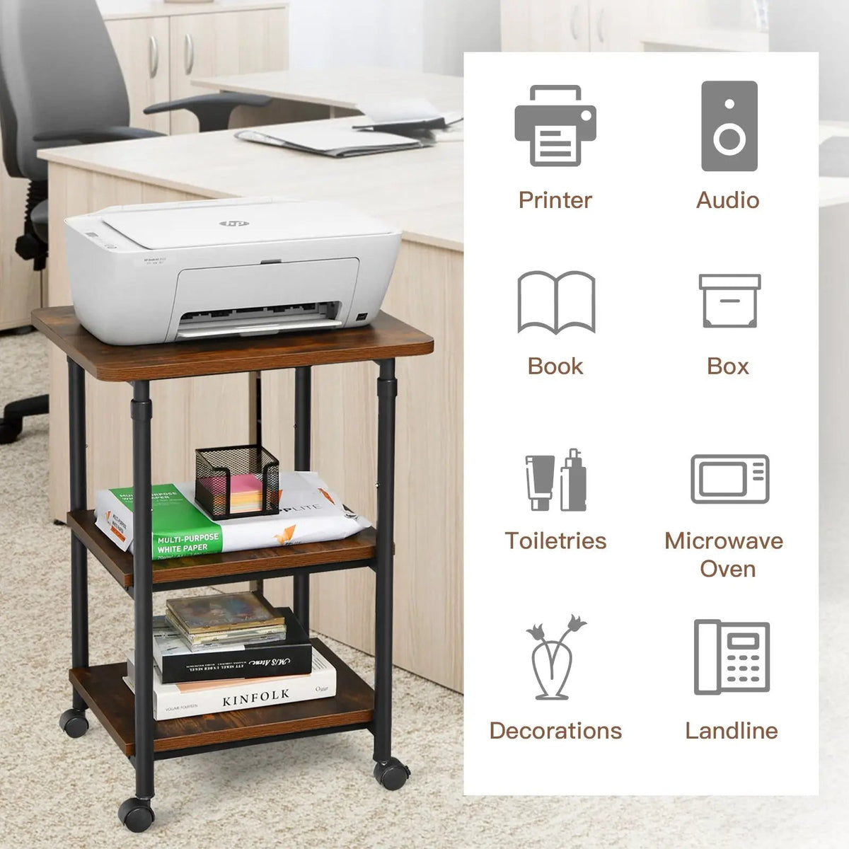3-tier Adjustable Printer Stand with 360° Swivel Casters, photo 6 of 10