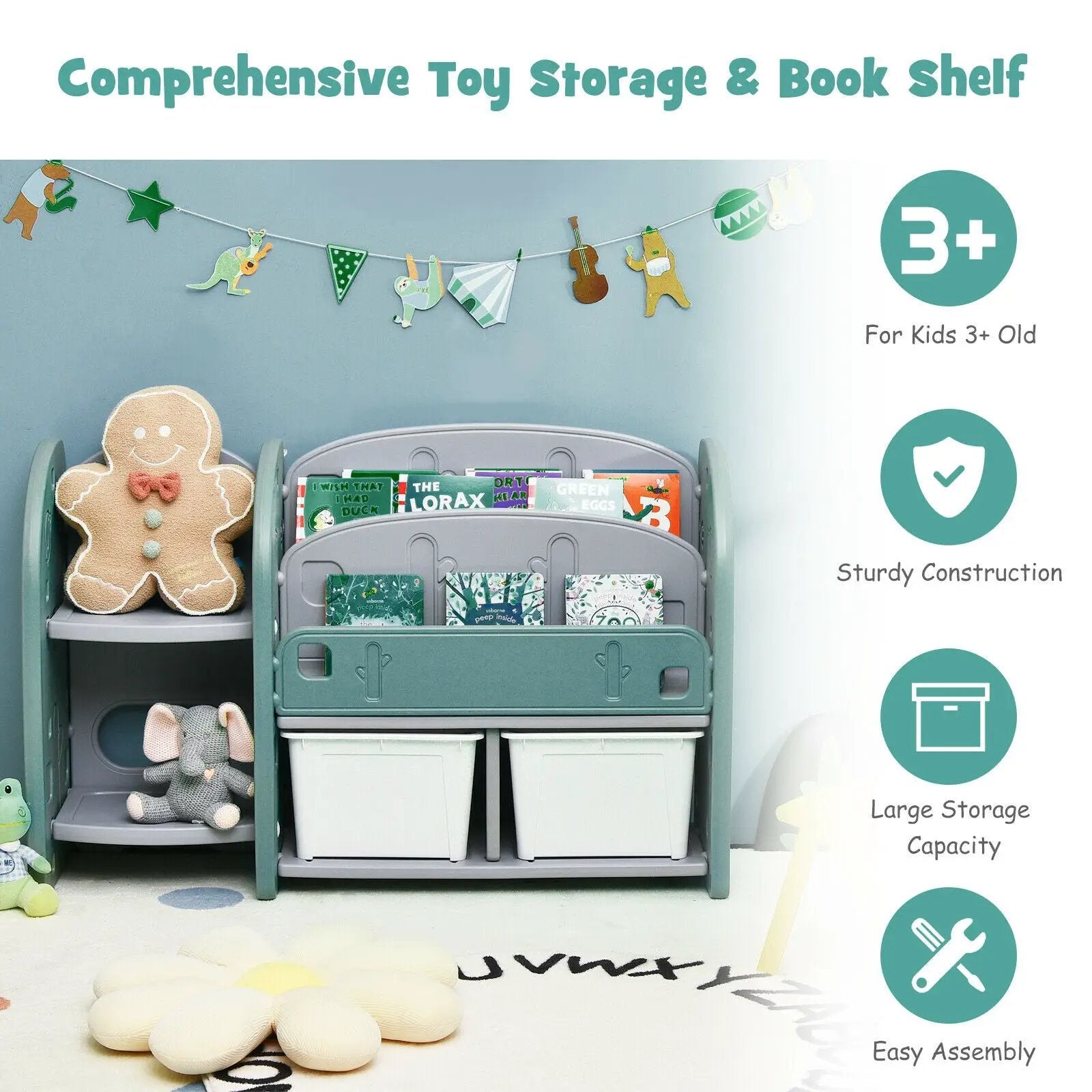 Kids Toy Storage Organizer with 2-Tier Bookshelf and Plastic Bins by DirectDeals