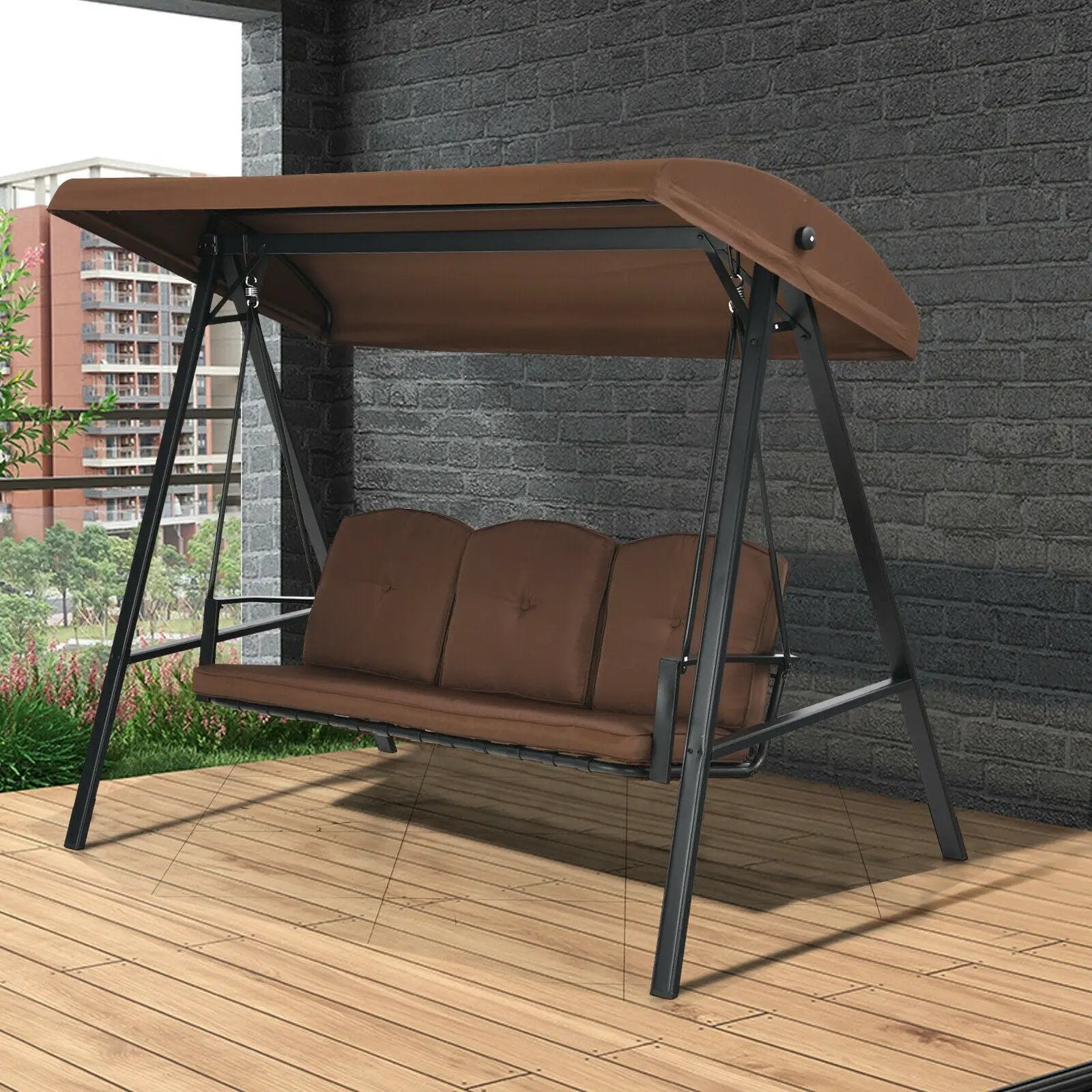 Outdoor 3-Seat Porch Swing with Adjust Canopy and Cushions by DirectDeals