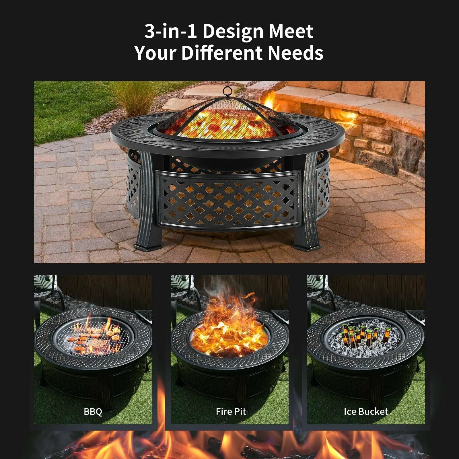 Outdoor Fire Pit with BBQ Grill and High-temp Resistance Finish by DirectDeals