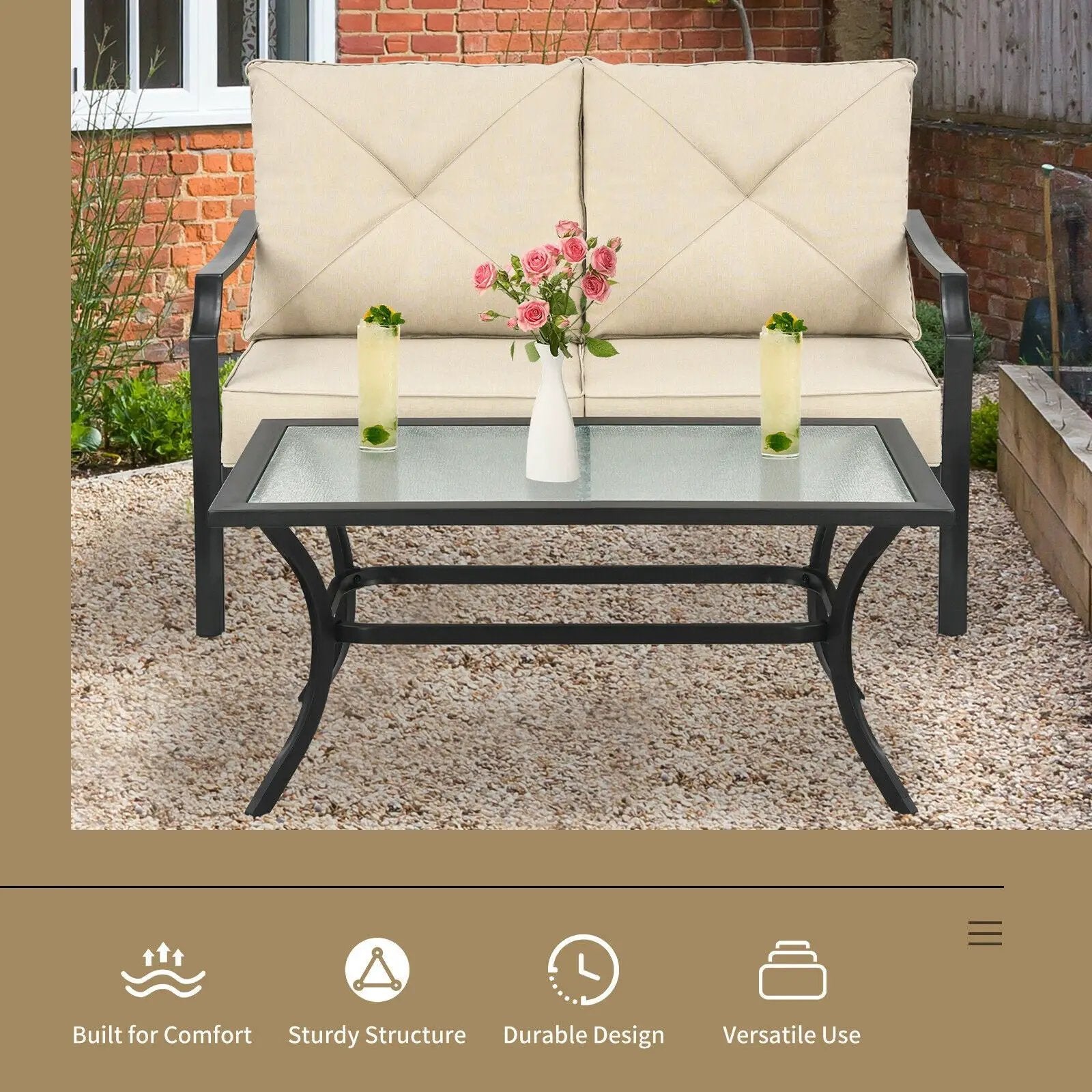 2 Pieces Patio Outdoor Cushioned Sofa Bench with Coffee Table-Beige by DirectDeals