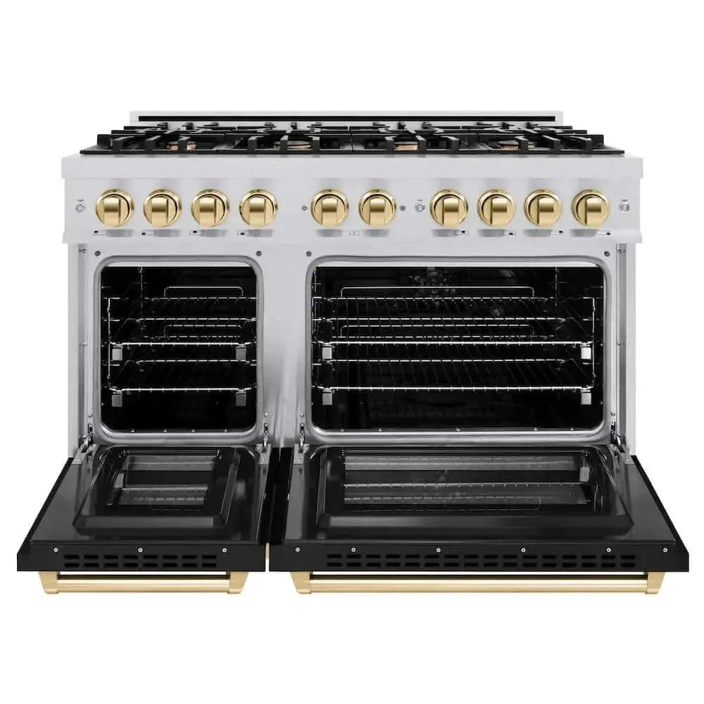ZLINE 48" Select Dual Fuel Range Gas Cooktop Electric Convection Oven Stainless Steel Black Matte Doors Gold HDRZ-BLM-48-G by Farmhouse Kitchen and Bath