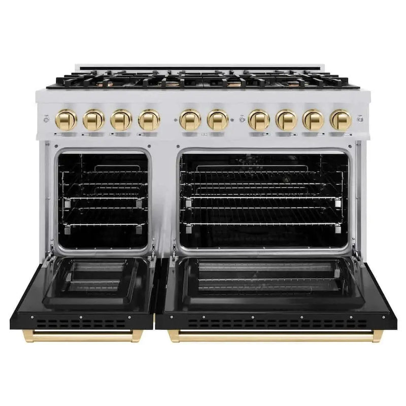 ZLINE 48" Select Dual Fuel Range Gas Cooktop Electric Convection Oven Stainless Steel Black Matte Doors Gold HDRZ-BLM-48-G by Farmhouse Kitchen and Bath