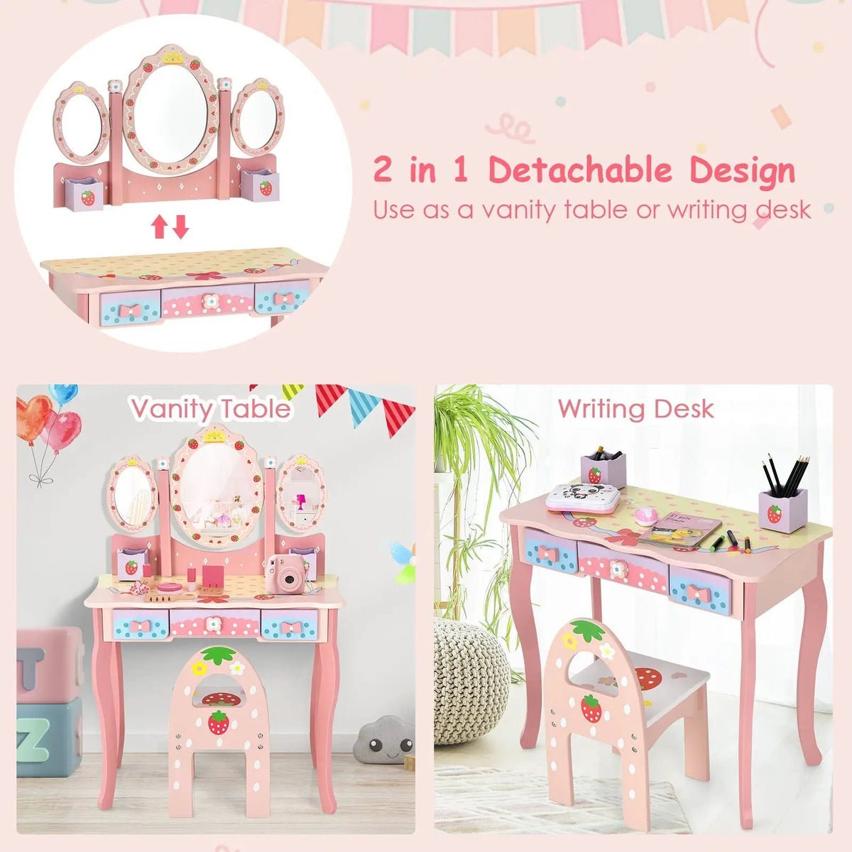 Kids Vanity Princess Makeup Dressing Table Chair Set with Tri-fold Mirror, photo 2 of 9