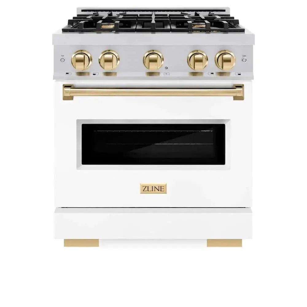 ZLINE 30"Classic Gas Range, Convection Gas Oven, DuraSnow® Stainless Steel, White Matte Door Polished Gold CGRSZ-WM-30-G by Farmhouse Kitchen and Bath