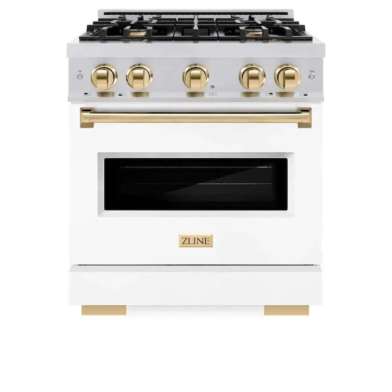 ZLINE 30"Classic Gas Range, Convection Gas Oven, DuraSnow® Stainless Steel, White Matte Door Polished Gold CGRSZ-WM-30-G by Farmhouse Kitchen and Bath