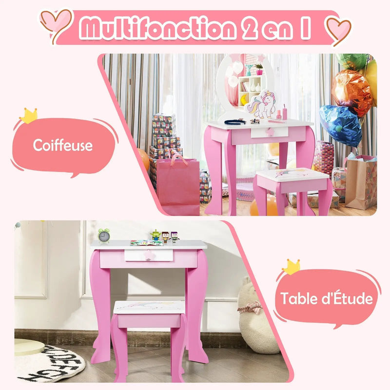 Kids Wooden Makeup Dressing Table and Chair Set with Mirror and Drawer by DirectDeals