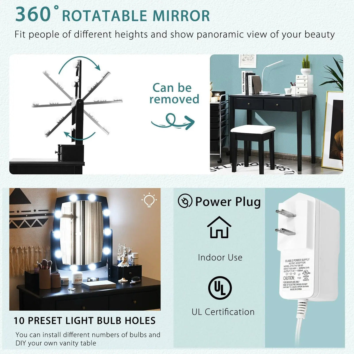 Vanity Table Set with Lighted Mirror for Bedroom and Dressing Room, photo 2 of 9