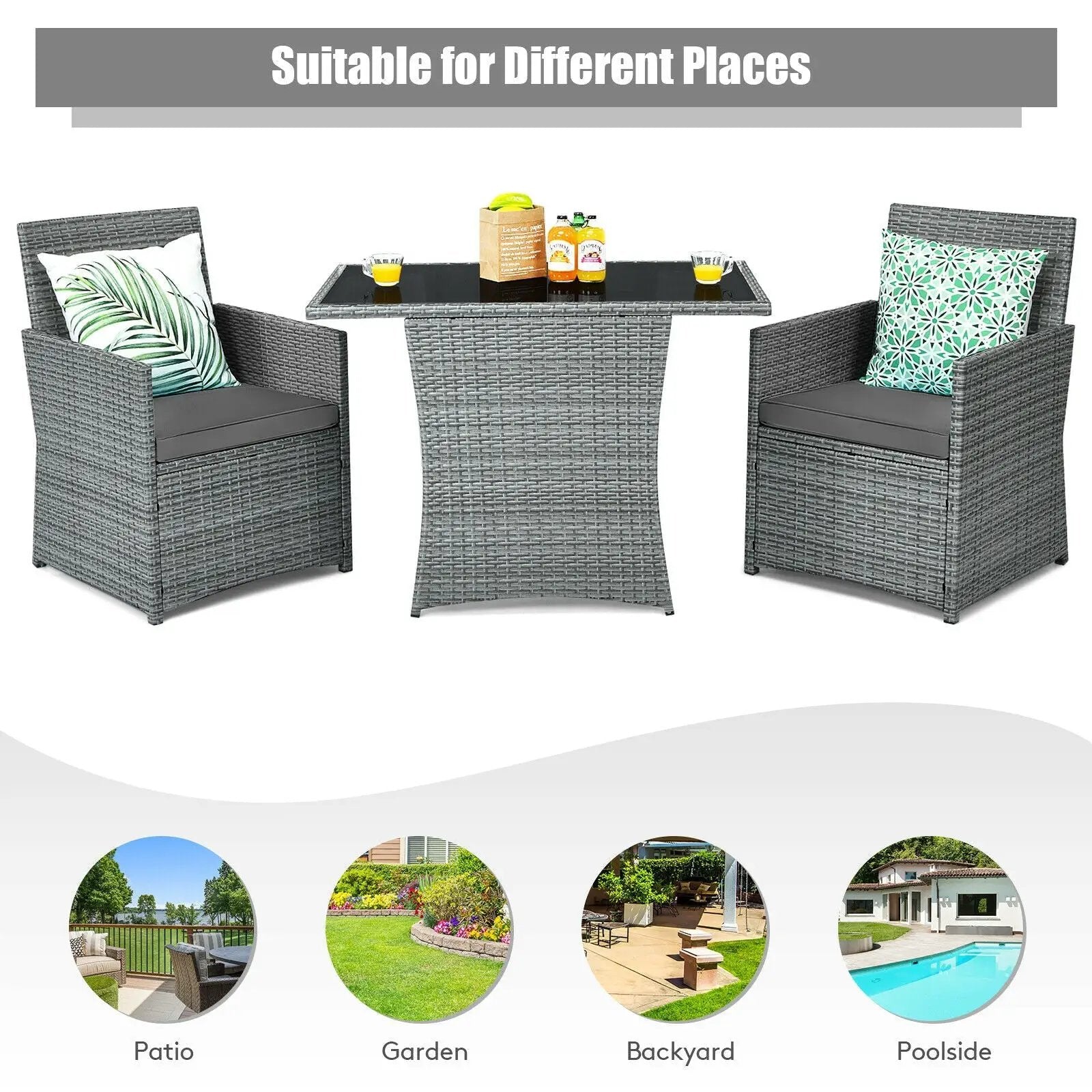 3 Pieces Patio Rattan Furniture Set with Cushioned Armrest Sofa by DirectDeals