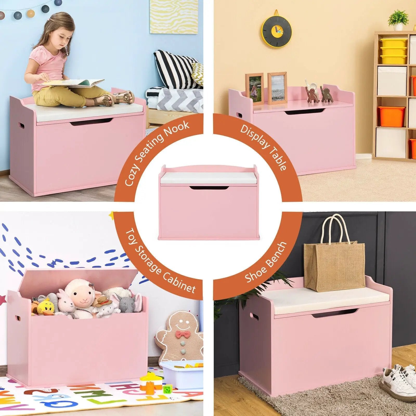 Kids Toy Wooden Flip-top Storage Box Chest Bench with Cushion Hinge by DirectDeals