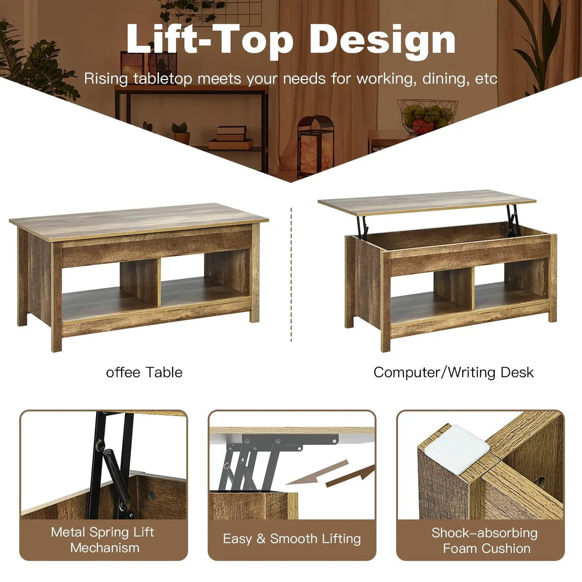 Lift Top Coffee Table with Hidden Storage Compartment and Lower Shelf for Study Room, photo 22 of 24
