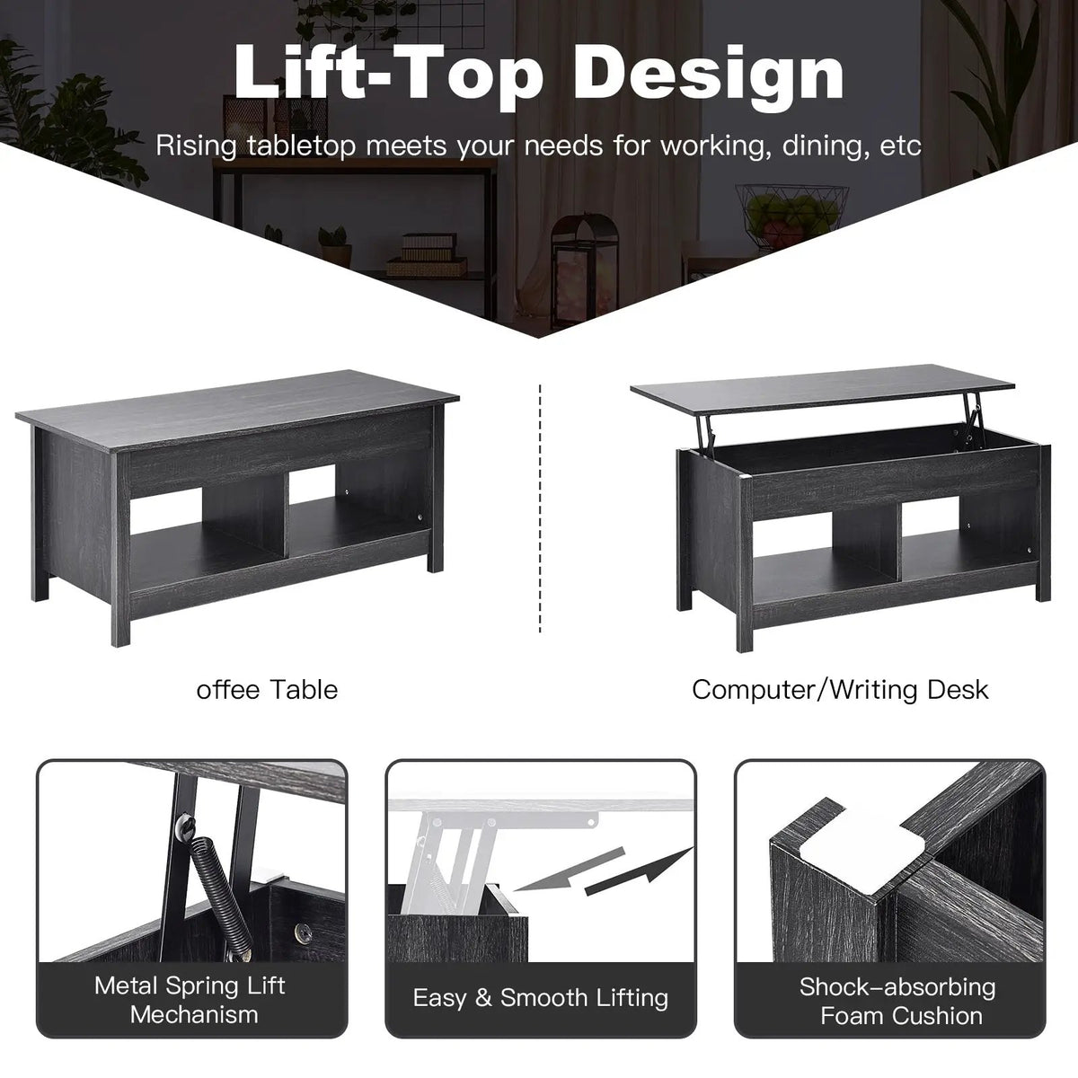 Lift Top Coffee Table with Hidden Storage Compartment and Lower Shelf for Study Room, photo 23 of 24