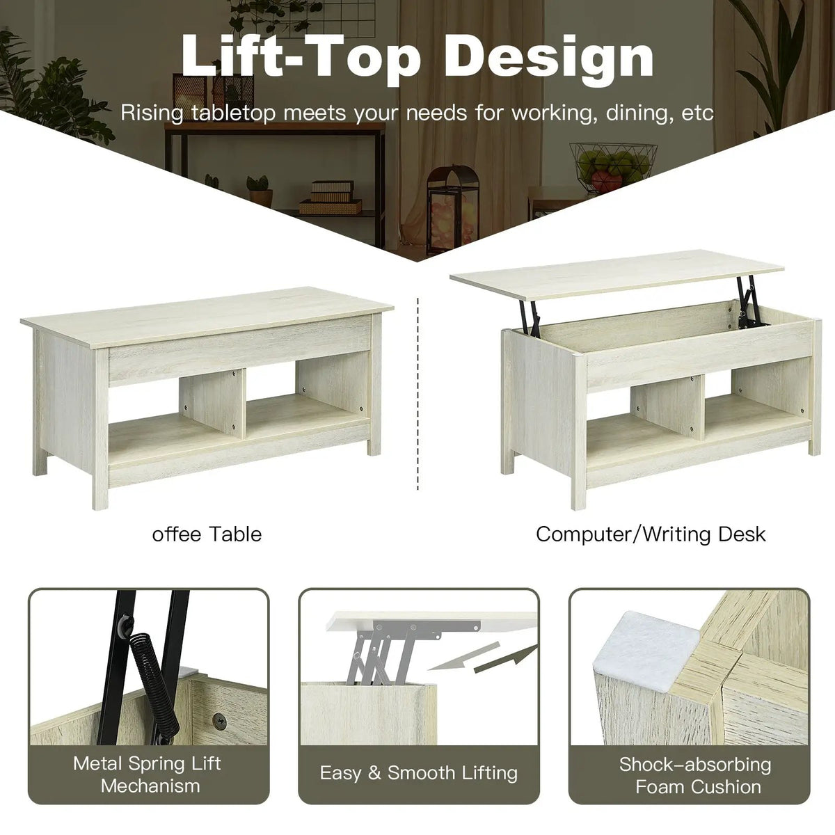 Lift Top Coffee Table with Hidden Storage Compartment and Lower Shelf for Study Room, photo 24 of 24