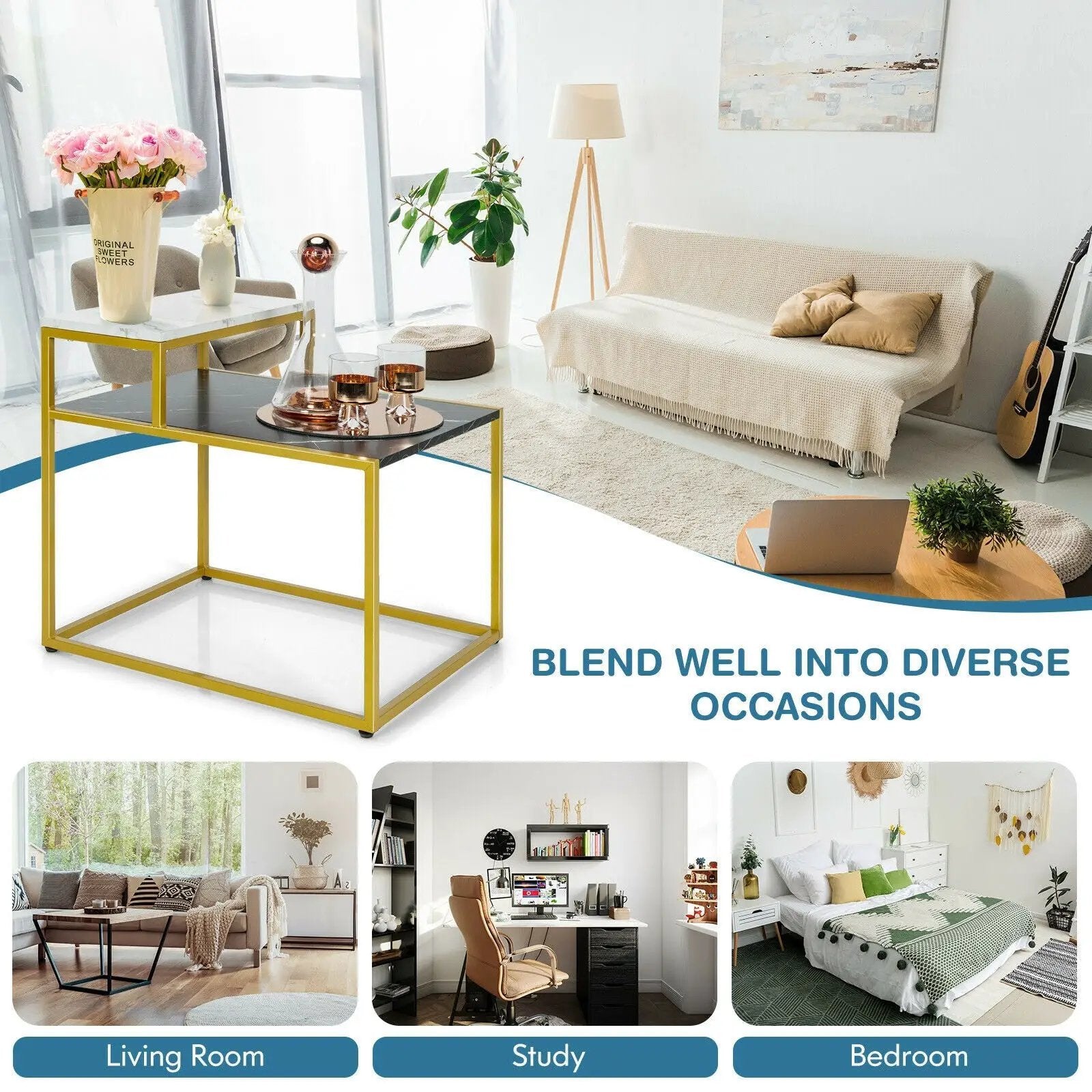 2 Tier End Side Table with Metal Frame and Storage Shelf for Living Room-White by DirectDeals