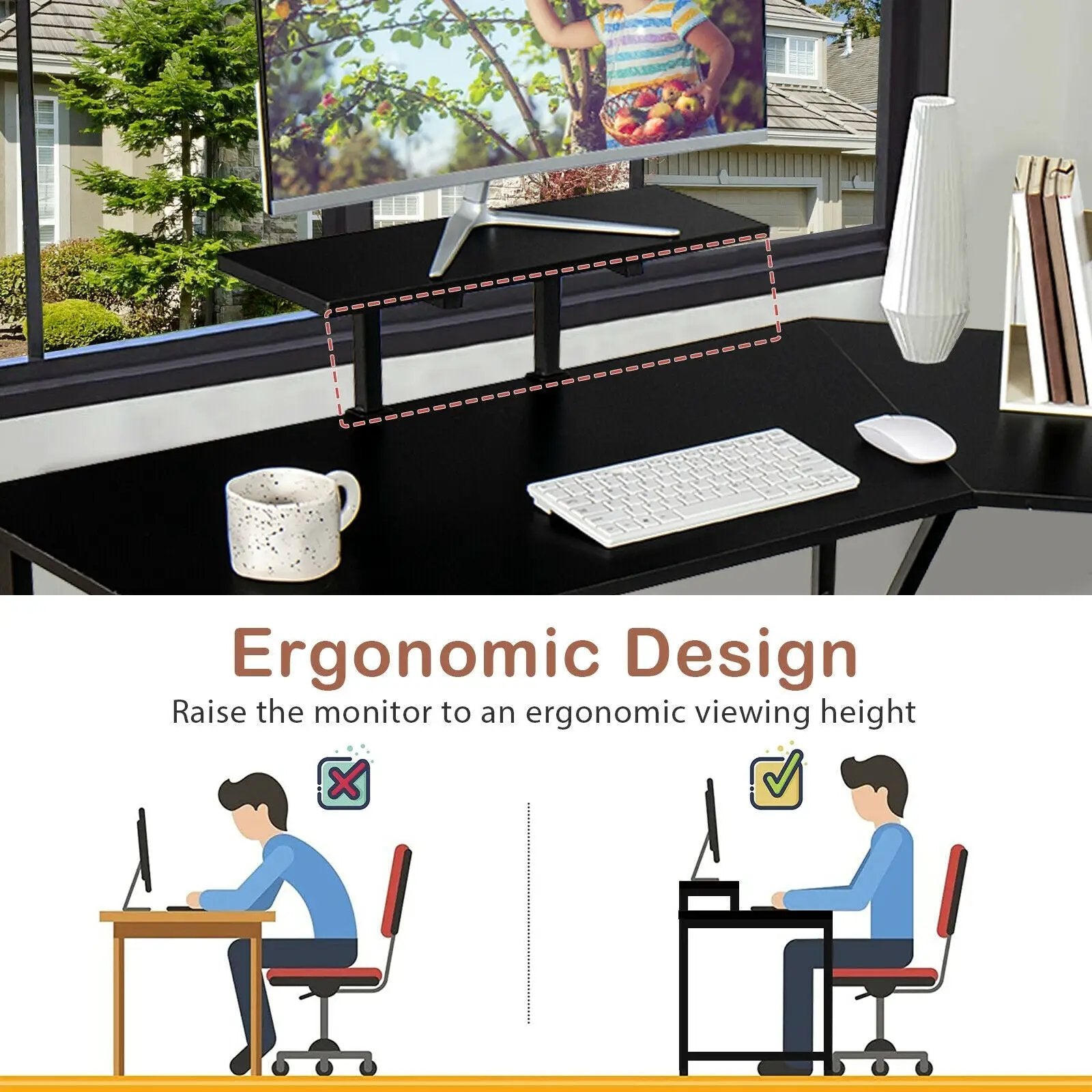 88.5 Inch L Shaped Reversible Computer Desk Table with Monitor Stand by DirectDeals