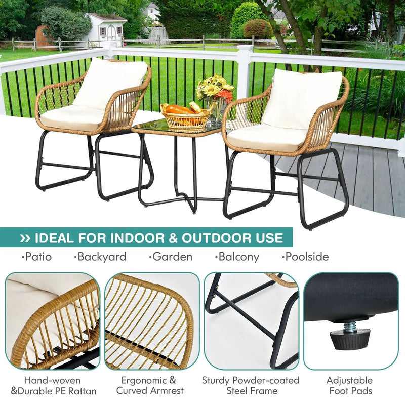 3-Piece Patio Bistro Set with 2 Rattan Chairs and Square Glass Coffee Table-White by DirectDeals
